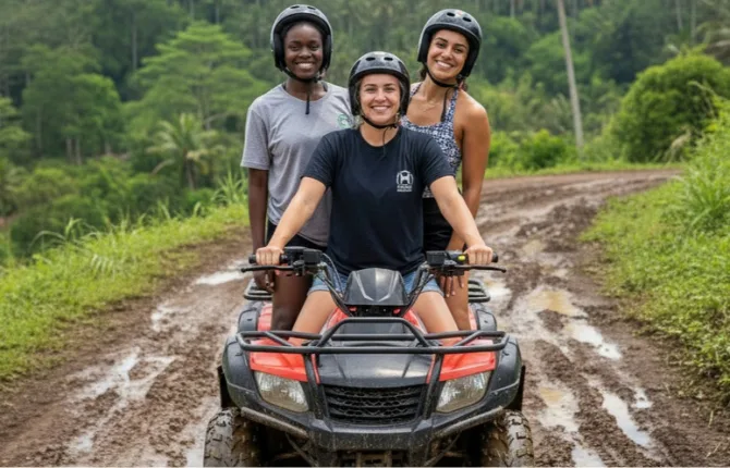 Friends enjoying ATV quad bike tour in Bali